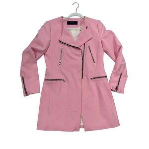 Zara Moto Coat Women Med Pink Excellent Asymmetric Zip Long Biker Jacket